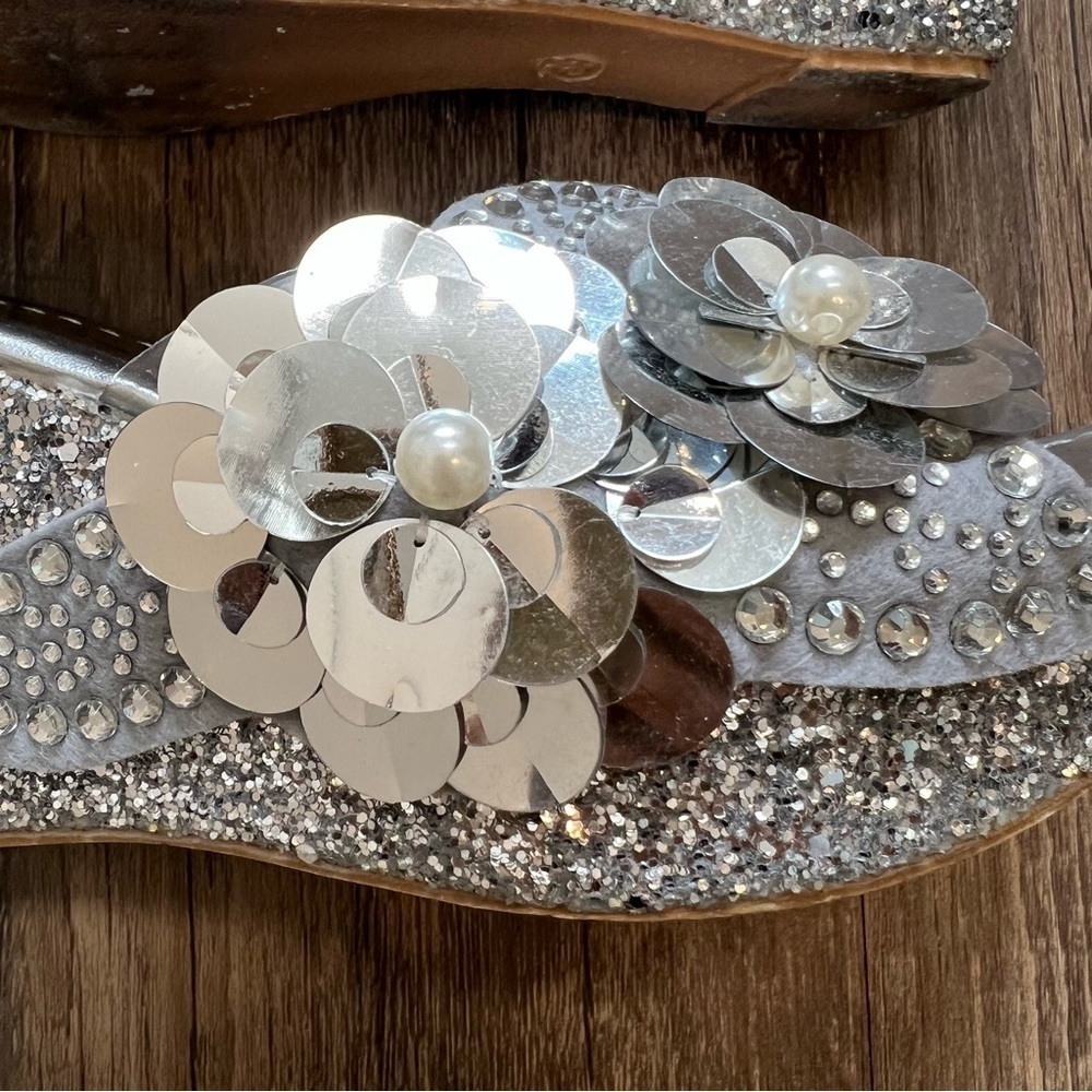 SMBF Silver Glitter Floral Slip On Wedges Platform Sandals Shoes Sparkly Y2K 8 - Picture 7 of 12